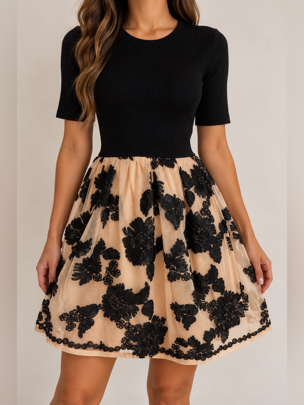 Gracia Black Nude Floral Embroidered Fit & Flare Cocktail Dress M